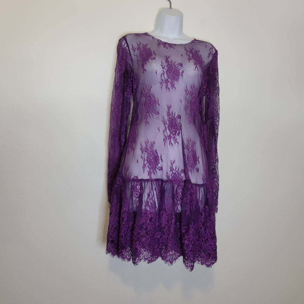Candela purple sheer lace overlay dress